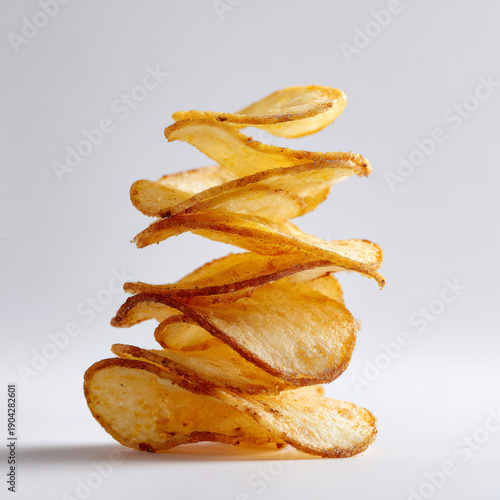 Stacked spiral potato chips with golden-brown crispy texture and ridged surface, arranged vertically against a neutral background