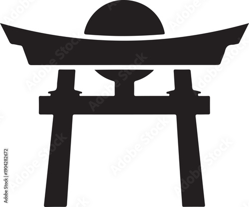 Traditional japanese torii gate with a red sun symbol in the center