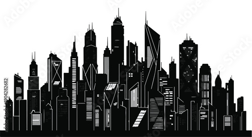 Modern city skyline silhouette with diverse skyscrapers at night