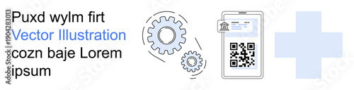 Digital health, mobile access, innovation, technical processes, medical services, and secure data. QR code on smartphone with gears and a medical cross. Digital health and mobile access concept