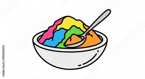 Colorful shaved ice in a bowl with a spoon refreshing summer dessert illustration perfect for food blogs and menus