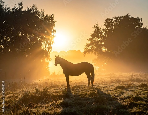 A silhouette of a horse stands in a golden sunrise field