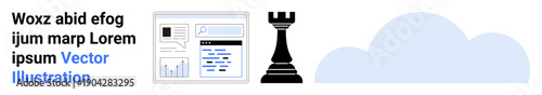 Data analytics, cloud computing, strategy planning, digital tools, monitoring systems, online platforms. A dashboard, a rook chess piece and a cloud. Data analytics and cloud computing concepts