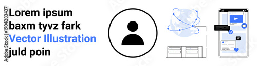User interface, digital connectivity, networking, remote access, global communication, technology. Profile icon, globe network mobile app screen. User interface and digital connectivity concept