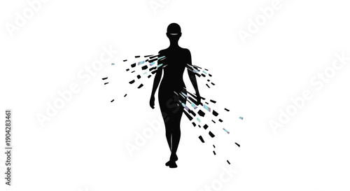 Silhouette of a person dissolving into abstract particles, symbolizing transformation and change.