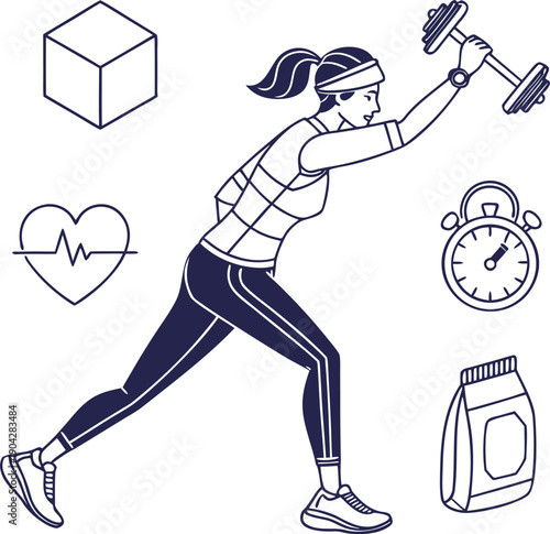 Fitness woman exercising with dumbbells health and workout concept illustration