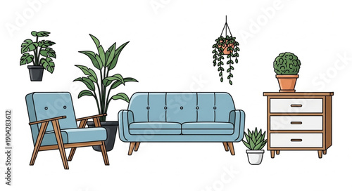 Mid Century Modern Living Room Furniture and Plants.