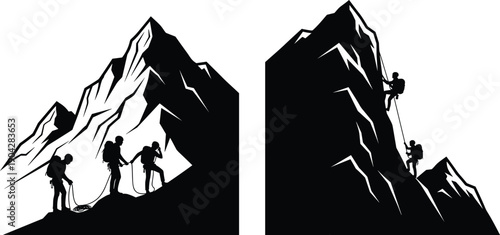 Black Silhouette Set Of Mountain Climbers Rappelling And Hiking Up Steep Peaks Representing Teamwork Challenge Adventure Success Persistence And Outdoor Achievement