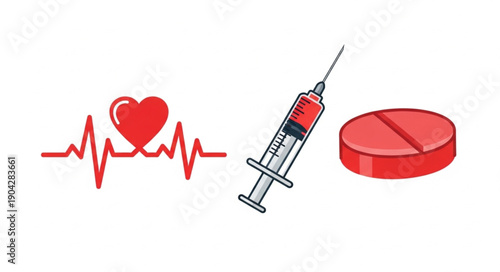 Medical symbols including heartbeat EKG syringe and pill.