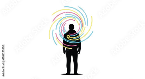 Silhouette of a person surrounded by colorful swirling energy, representing connection and information flow.