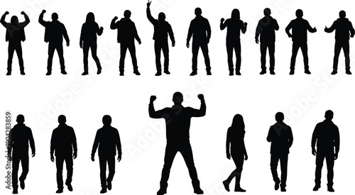Black silhouette set of people in casual clothing celebrating with raised arms, isolated person icons for victory and success concept.