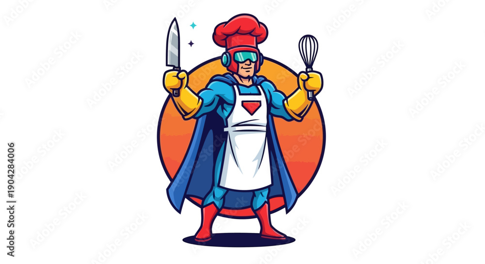 Naklejka premium Culinary Hero Cooking with Utensils in Vibrant Kitchen Environment