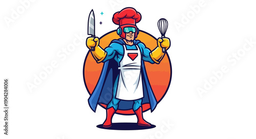 Culinary Hero Cooking with Utensils in Vibrant Kitchen Environment