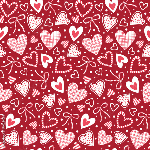 Seamless Valentine Heart And Bow Pattern On Red Background