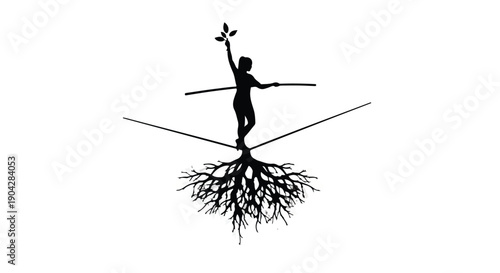 Silhouette of person balancing on tightrope with roots below and a sprout above, symbolizing growth and stability.