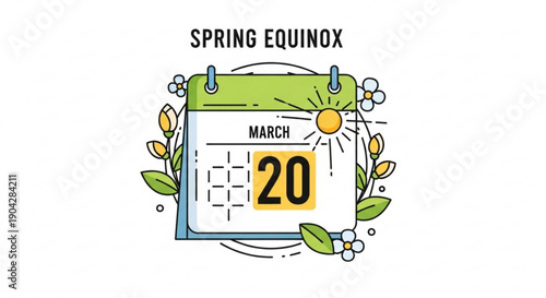 Spring Equinox calendar icon March 20th date with sun and blooming flowers a symbol for seasonal change and new beginnings flat vector illustration