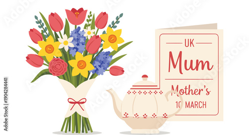 Mother's day bouquet and tea set with a uk mum celebration sign for march 10th