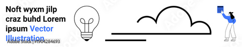 Idea generation, cloud storage, data sharing, creative thinking, teamwork, information technology. Light bulb, cloud and person with a digital device. Idea generation and cloud storage concepts