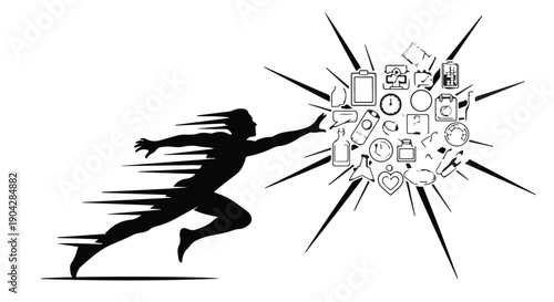 Silhouette of a person reaching for a burst of icons representing information and ideas.