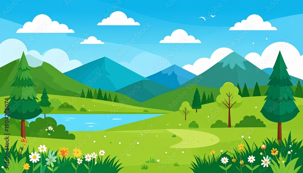 Fototapeta premium Scenic mountain landscape with river, lush green valley, wildflowers, and blue sky