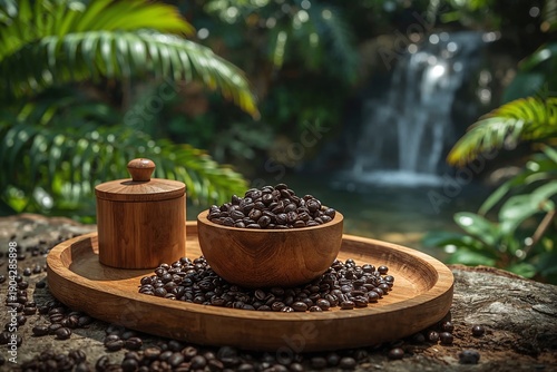 A bowl filled with coffee beans is placed on a wooden tray. Nearby, a container holds more beans. The background shows a small waterfall and greenery, creating a relaxed atmosphere.