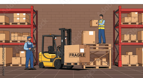 Warehouse workers handling boxes on a forklift and shelving units