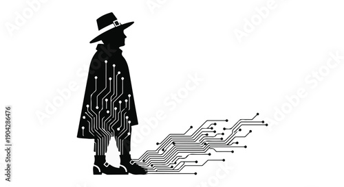 Mysterious figure in hat and cloak casts a digital shadow of circuits and data.