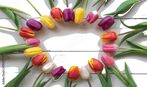 Colorful tulip flower frame arranged in circle, spring floral background with copy space, vibrant petals on white wooden table