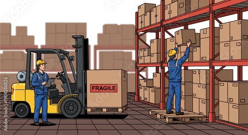 Two warehouse workers operating a forklift and stacking boxes on shelves in a storage facility with industrial equipment.