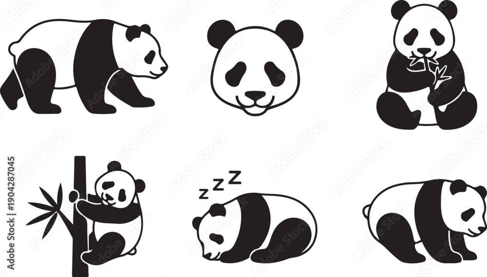 Obraz premium A collection of diverse panda bear icons showcasing various poses and expressions