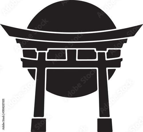 A traditional torii gate with a red circular emblem on a white background