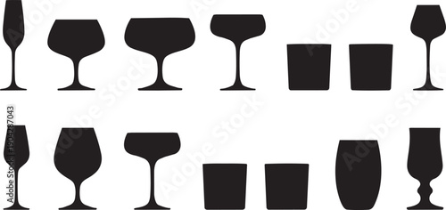 Set of black drinking glass silhouettes including wine, champagne flute, martini, cognac, and water tumblers for bar menus, catering, and event design