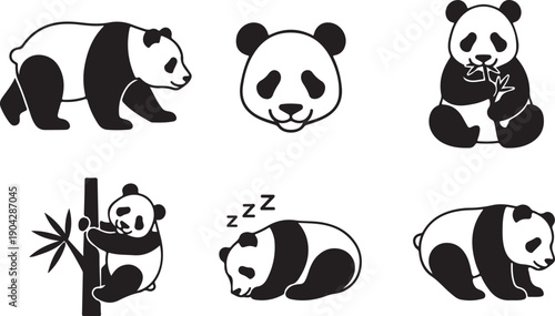 A collection of diverse panda bear icons showcasing various poses and expressions