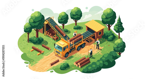 Isometric illustration of a sustainable school bus station with solar panels in a green park