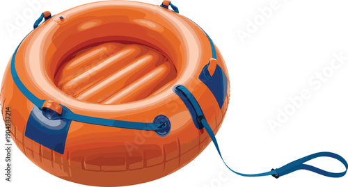 orange inflatable snow tube, winter sled ring, blue handles tow rope, isolated white background, outdoor recreation equipment, cold season fun gear