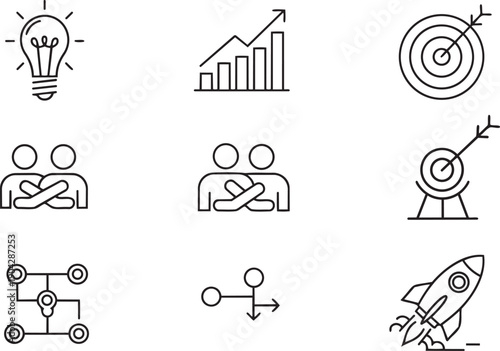 Business success and startup launch thin line icon set featuring light bulb idea, growth chart, target goal, team collaboration, and rocket launch
