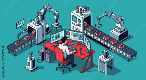 Isometric illustration of a man working at a desk with industrial robots and a conveyor belt in a factory setting with a blue background.