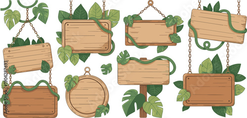 Set of wooden signboards with green leaves and vines, rustic nature blank boards illustration isolated on white background vector design collection