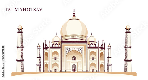 Illustration of the Taj Mahal with a traditional Indian and Islamic architectural design for the Taj Mahotsav festival in Delhi.