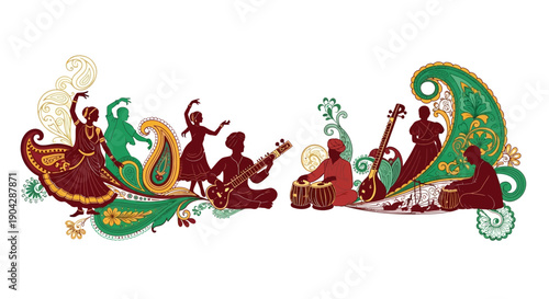 Vector illustration of Indian musicians playing traditional instruments in a vibrant, ornate design with swirling patterns for the Taj Mahotsav festival in Delhi.