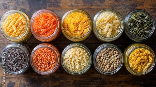 Assorted dry goods in glass jars, a pantry full of colorful ingredients