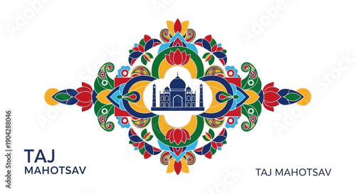 Vibrant Taj Mahotsav festival logo with a mosque at its center and colorful floral patterns on a white background, symbolizing India's rich cultural heritage and traditions of Agra.