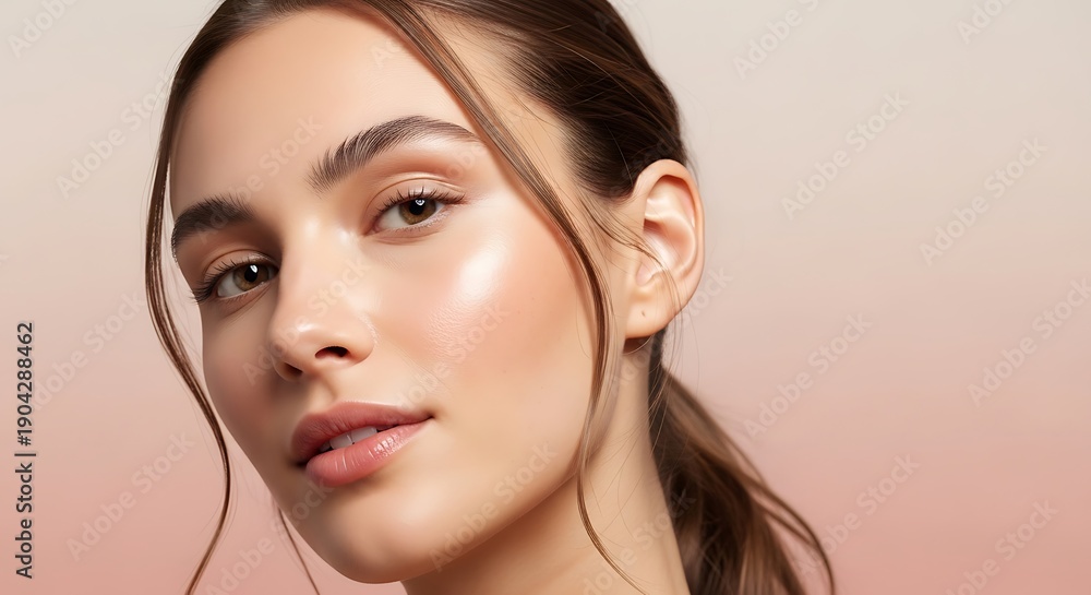 Naklejka premium Close-up Portrait of Beautiful Young Woman with Natural Glowing Skin and Fresh Face, Skincare and Beauty Concept