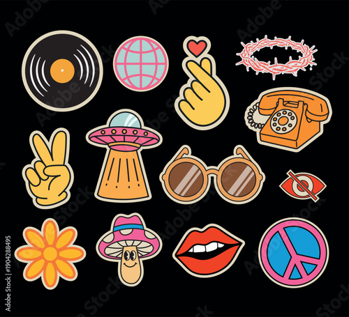 Retro-style aesthetic stickers featuring various colorful pop culture icons. Cool trendy retro sticker collection pack.