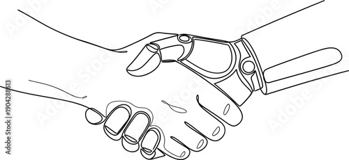 Single line drawing illustrates the profound partnership between a human hand and a sophisticated robotic prosthetic hand in a firm gesture.