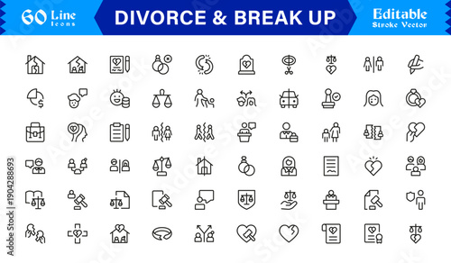 Divorce And Break Up Professional Line Icon Set, Modern Minimal Editable Vector Collection Of Heartbreak, Separation, Legal Papers, Dispute, Sadness, Emotions