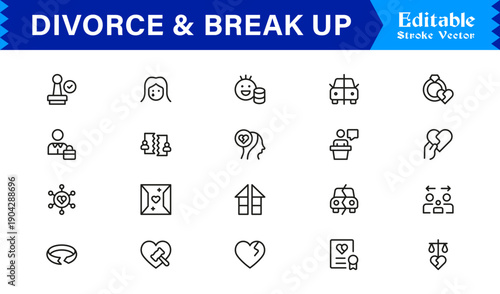 Divorce And Break Up Professional Line Icon Set, Modern Minimal Editable Vector Collection Of Heartbreak, Separation, Legal Papers, Dispute, Sadness, Emotions