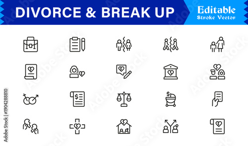 Divorce And Break Up Professional Line Icon Set, Modern Minimal Editable Vector Collection Of Heartbreak, Separation, Legal Papers, Dispute, Sadness, Emotions
