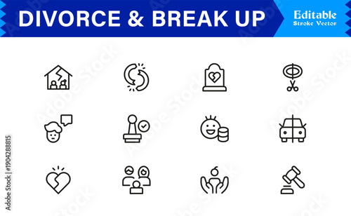 Divorce And Break Up Professional Line Icon Set, Modern Minimal Editable Vector Collection Of Heartbreak, Separation, Legal Papers, Dispute, Sadness, Emotions