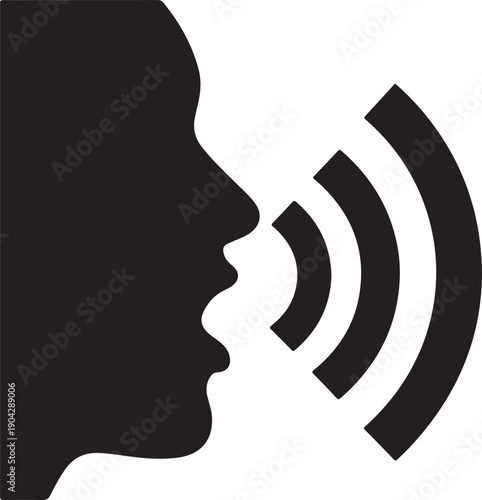 Silhouette of Person Speaking with Sound Waves Emanating from Mouth Keywords: speaking, talking, voice, sound, communication, speech